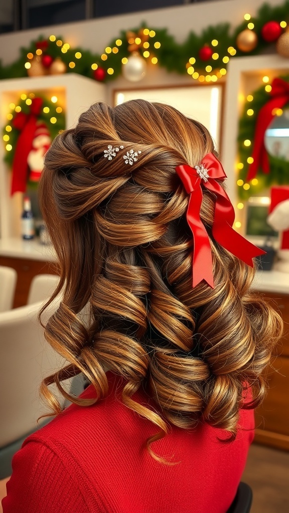 A festive hairstyle with curls and holiday accessories in a decorated salon.